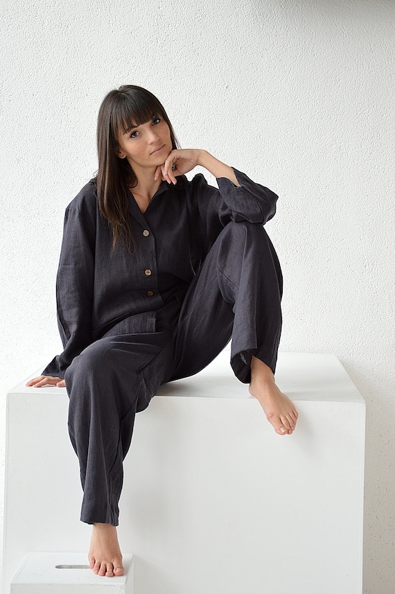 Handmade linen pajama - Woman's Pajama Shirt and Pants - High-quality softened Linen loungewear - Soft linen pajama set