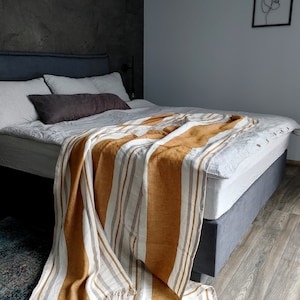 Striped linen throw blanket, 280 GSM linen throw, Softened thick linen coverlet, Summer blanket