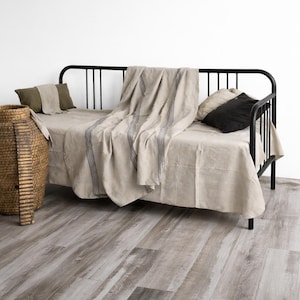 Jeté en lin épais à rayures - Plaid pour canapé tissé en lin naturel
