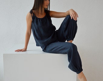 Linen trousers / Woman's pants /  Midnight blue linen trousers / Soft linen casual pants /  Loose women linen trousers / Blue pants