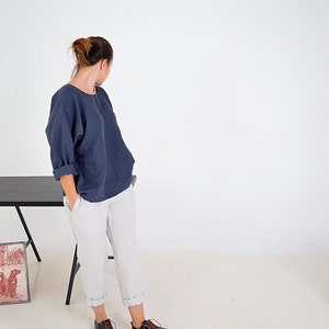 Linen loose top Oversize blouse Midnight blue linen top Washed linen blouse long sleeves top Soft linen casual top image 8