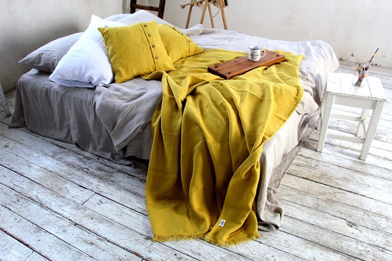 Linen throw set, MUSTARD throw blanket and two pillow covers