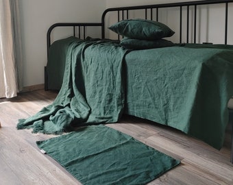 DARK EMERALD / Linen throw blanket / Heavy weight linen blanket / Softened thick linen coverlet / Summer blanket