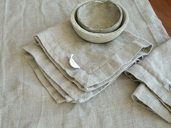 READY TO ship set of 6 thick linen placemats / napkins, Heavy rustic linen placemat set, Napkins with mitered corners