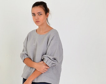 Light grey linen top - Linen loose top  - Oversized blouse with 3/4 sleeves - Washed linen blouse  - Soft linen casual top