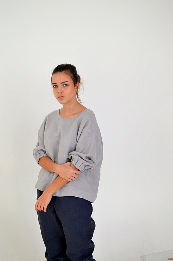 Light grey linen top - Linen loose top  - Oversized blouse with 3/4 sleeves - Washed linen blouse  - Soft linen casual top