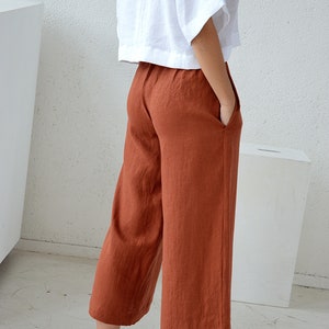 Linen pants, linen culottes woman's, terracotta casual pants, linen culottes, wide leg pants image 3