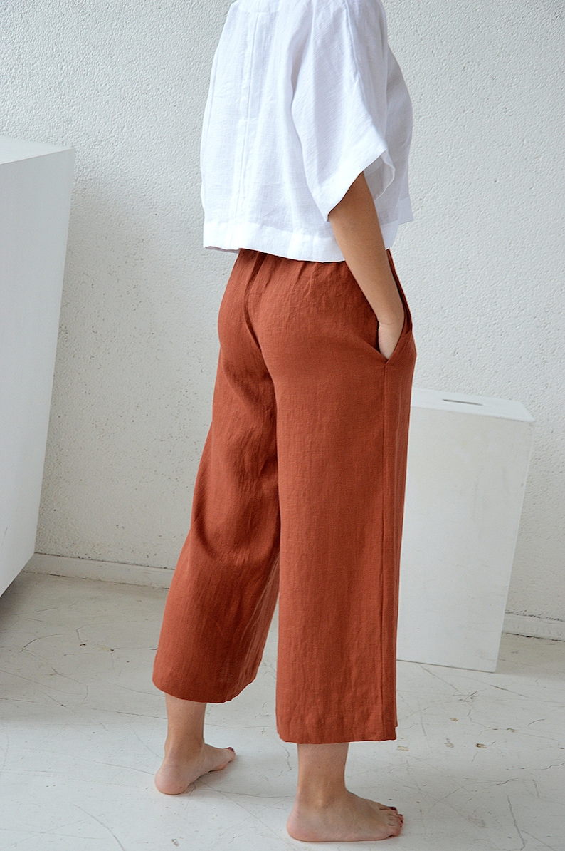 Linen pants, linen culottes woman's, terracotta casual pants, linen culottes, wide leg pants image 3