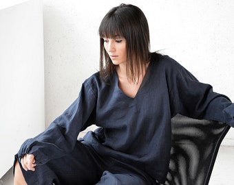 Linen top, Linen long sleeve blouse, Midnight blue linen top, V-neck top, Soft linen casual top