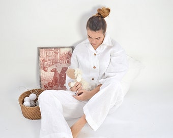 Pyjama en lin fait à la main / Costume en lin / Chemise et pantalon pour femme / Loungewear en lin adouci / Ensemble pyjama en lin doux