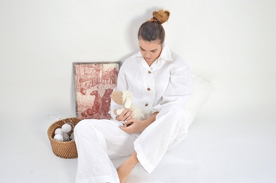 Handmade linen pajama / Linen suit / Woman's shirt and Pants / Softened Linen loungewear / Soft linen pajama set