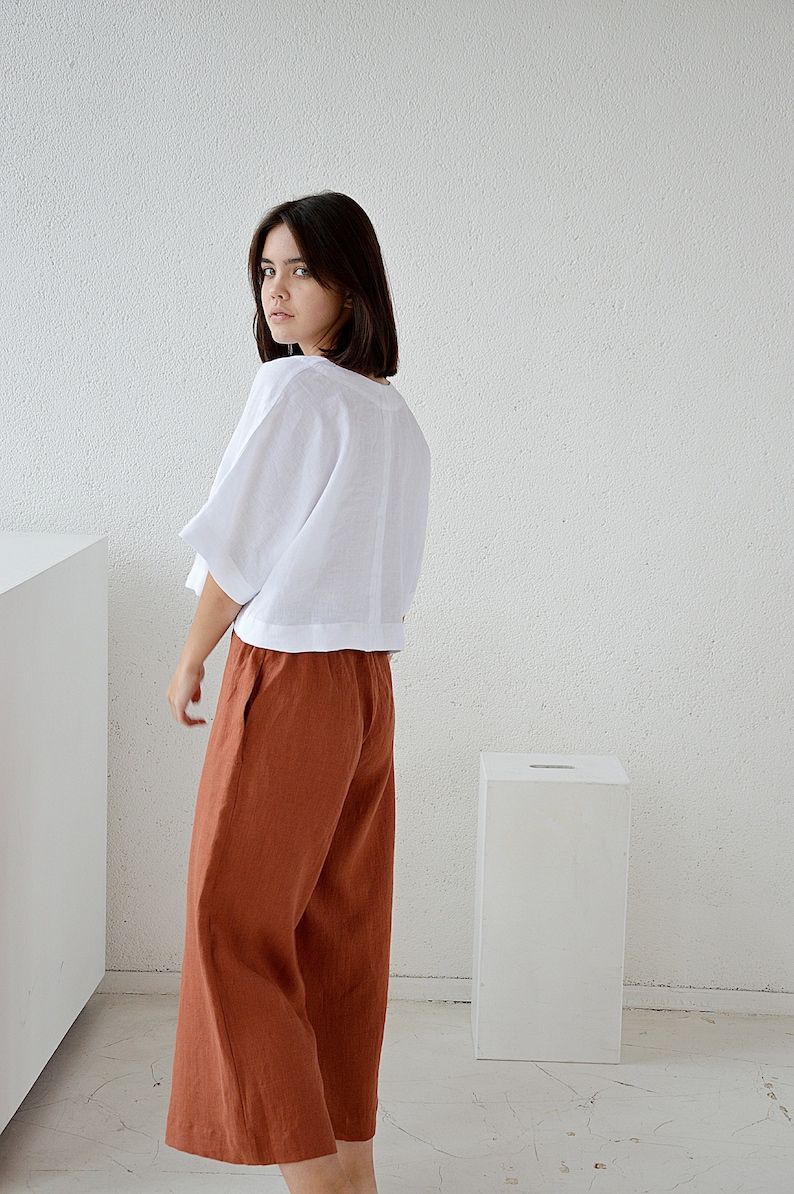 Linen pants, linen culottes woman's, terracotta casual pants, linen culottes, wide leg pants image 9