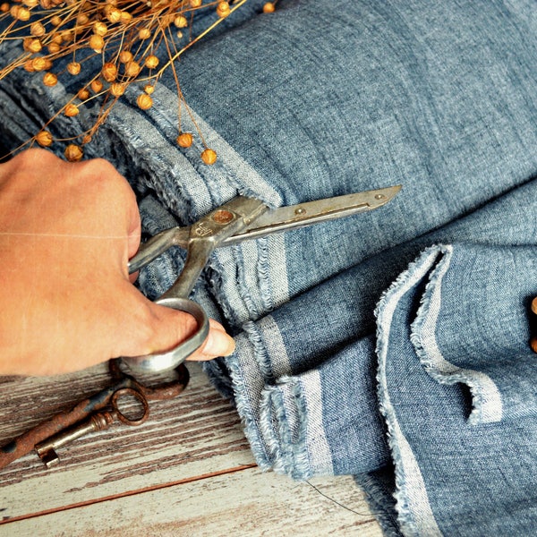 Denim Blue Linen Fabric, Stonewashed Medium Weight, 61" Wide