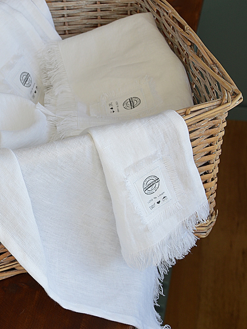 Linen towel set / Set of 3 / Thick pure white towel / Fringed Etsy