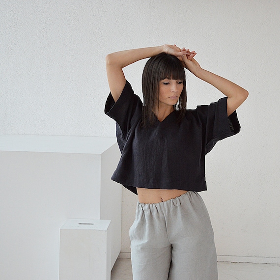 V-neck top / Loose linen top / Oversized linen top /  Linen blouse /  Casual linen top