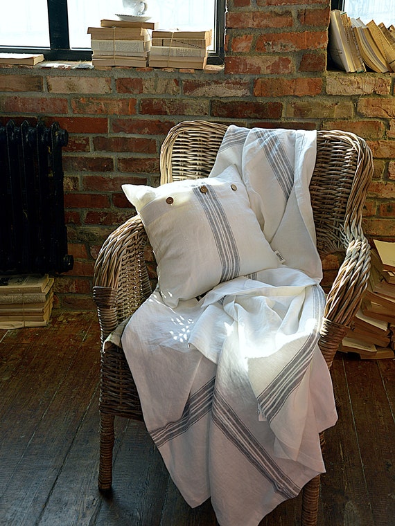 Linen throw 320 GSM - Heavy weight linen throw - striped throw - Softened thick linen coverlet - Summer blanket