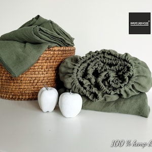 100% HEMP fitted sheet AUTUMN GRASS,  Stonewashed seamless hemp sheets, Queen King fitted sheet