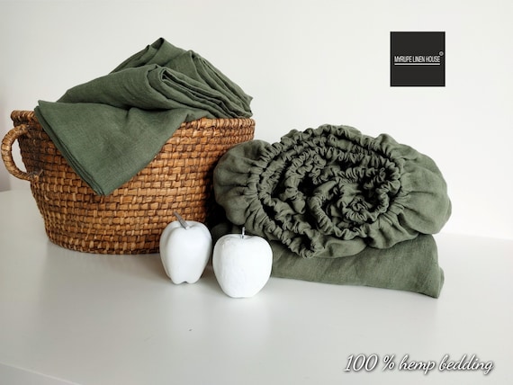 100% HEMP fitted sheet AUTUMN GRASS,  Stonewashed seamless hemp sheets, Queen King fitted sheet