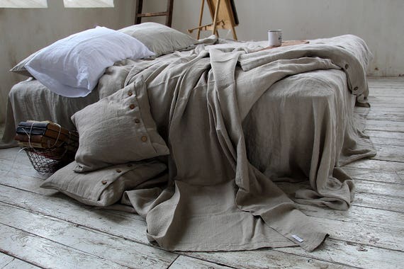 Linen throw blanket, Undyed linen throw, Rustic linen bed cover
