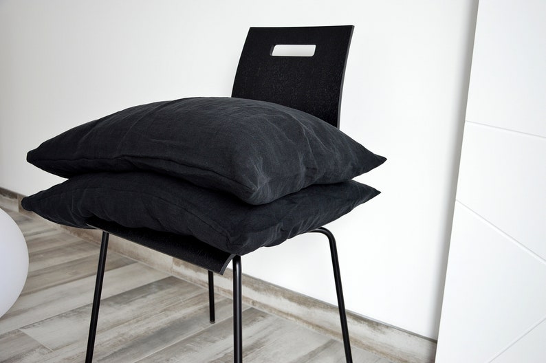 Bed linen pillowcase, Deep black stonewashed linen pillowcases envelope closure image 2