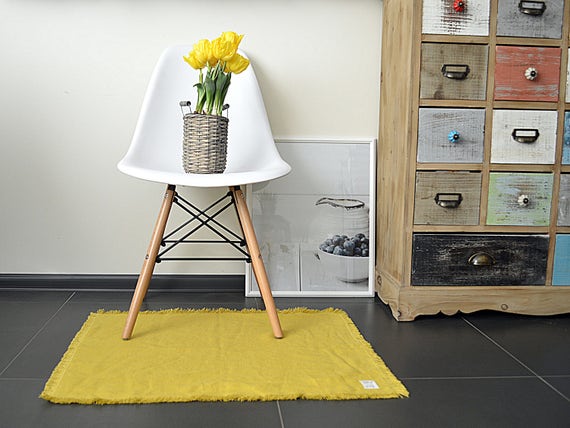 Linen mustard rug - Double-layered feet mat - Fringed linen rug, bed bath linen fringed mat