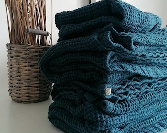Linen WAFFLE Dark teal towel, Soft linen hand bath towels, Heavy weight waffle towel, waffle washcloth