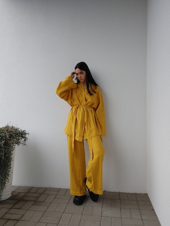 Linen kimono and pants set / Tuscan sun linen suit / Kimono jacket / Loose kimono and pants / Loungewear linen suit