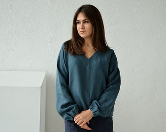 Linen blouse / Linen V-neck top / Loose long sleeve blouse / Casual linen blouse / Soft linen casual top / Ocean wave linen blouse