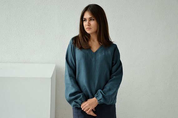 Linen blouse / Linen V-neck top / Loose long sleeve blouse / Casual linen blouse / Soft linen casual top / Ocean wave linen blouse