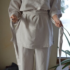 Linen tunic and pants set Linen tunic / kimono with a long belt Linen trousers and tunic Comfortable casual set image 3