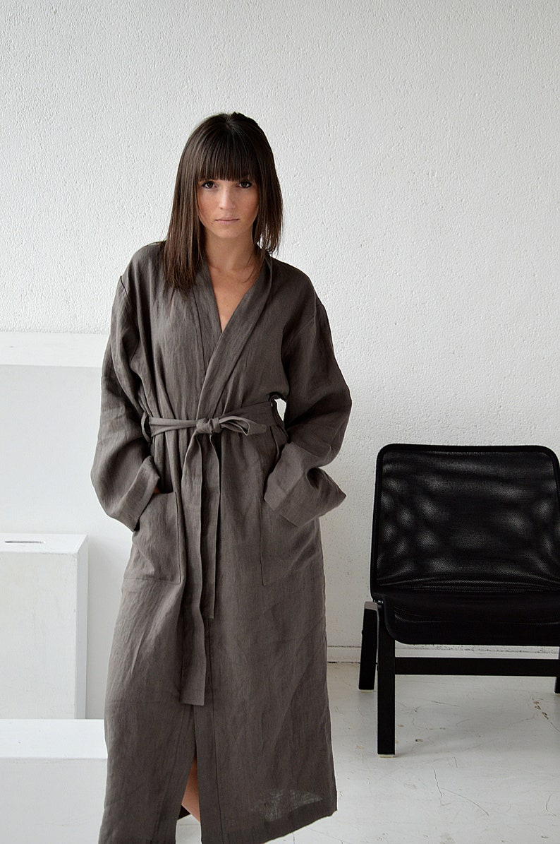 Natural linen morning robe Long robe with pockets Long Etsy