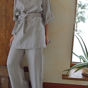 Linen tunic and pants set Linen tunic / kimono with a long belt Linen trousers and tunic Comfortable casual set image 9