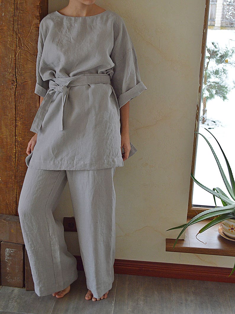 Linen tunic and pants set Linen tunic / kimono with a long belt Linen trousers and tunic Comfortable casual set image 9