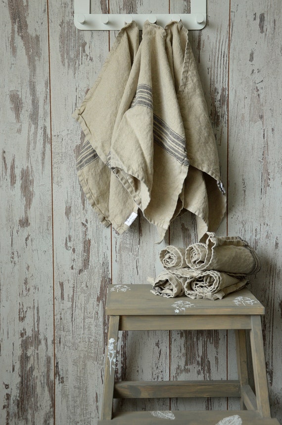 Striped Linen towel / Natural washed linen towels / Simple rustic kitchen  towels / Hand face linen towels / Guest linen towels