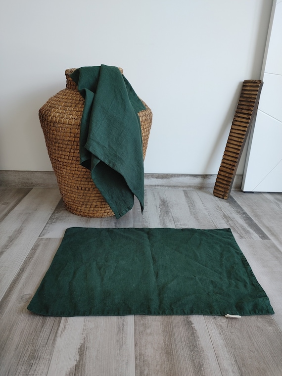 Linen mat, Double-layered feet mat, Thick linen bath DARK EMERALD bed linen rug