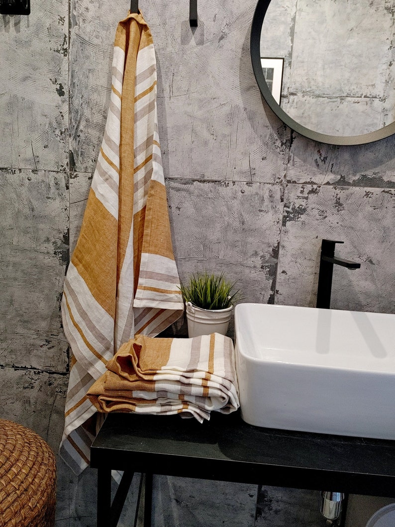 Linen bath sheet, Stonewashed linen bath towels, Thick striped linen towel image 2