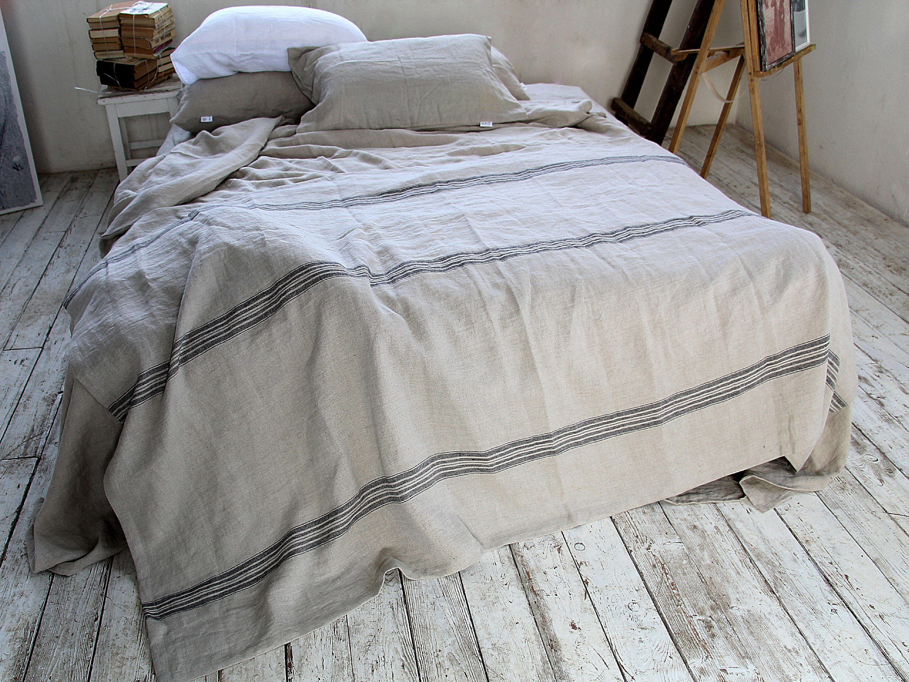 Linen Throw 320 GSM Rustic Linen Throw Striped Throw Heavy Weight Linen Blanket Softened Thick Linen Coverlet Summer Blanket