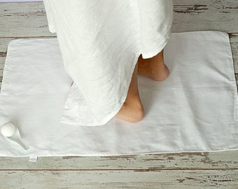 Linen bath mat, linen double-layered mat, White bath mat rug