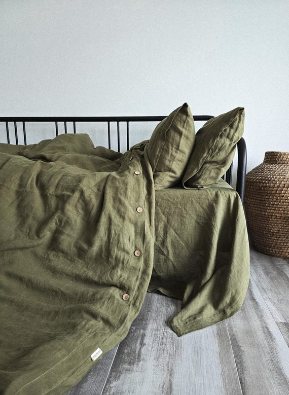 Linen bedding set of 3 pcs, OLIVE duvet cover and 2 pillowcases, linen bedding set