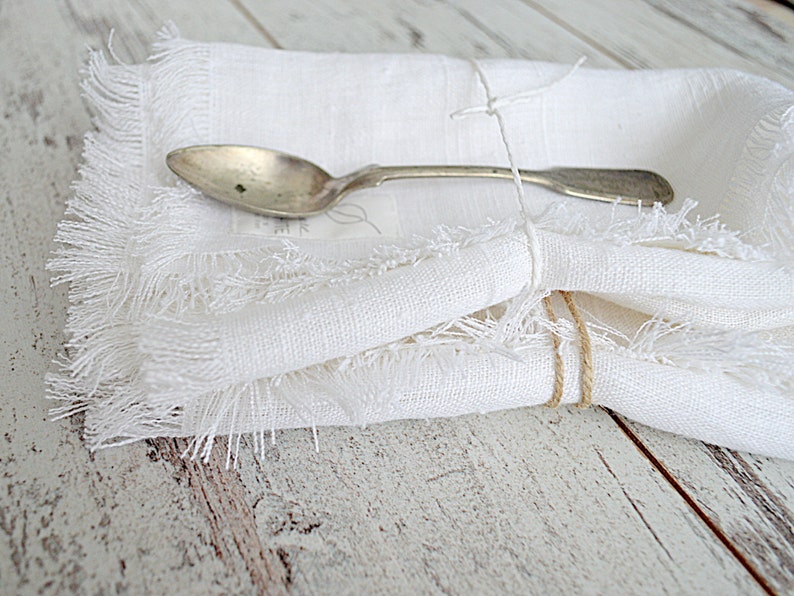 Linen fringed napkins, Thick linen napkin set, large linen napkins, White linen napkins, Rustic table linens, Christmas napkins, Napkins image 3