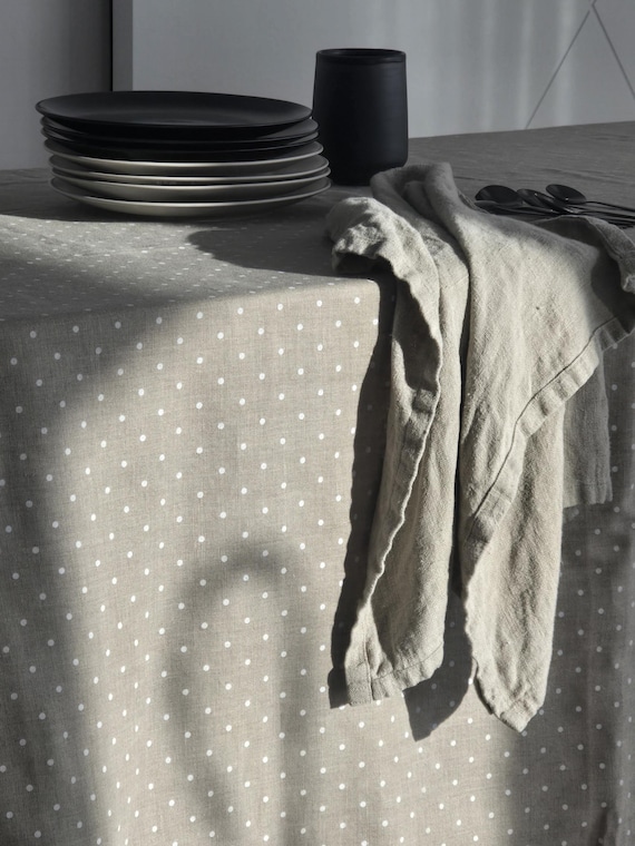 Polka Dot Linen Tablecloth: Natural Lithuanian Linen, 54" x 71" READY TO SHIP