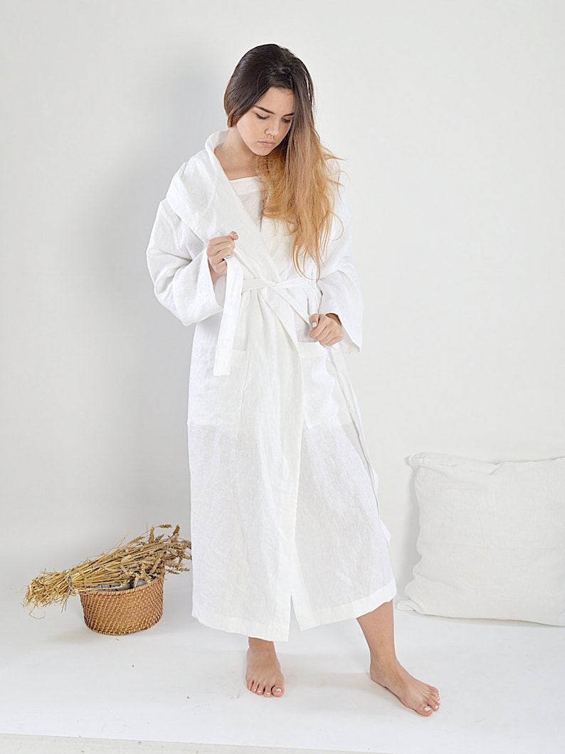 Linen bathrobe / Long robe with hood / Long linen gown / White linen bathrobe / Linen loungewear / Baltic quality linen image 1