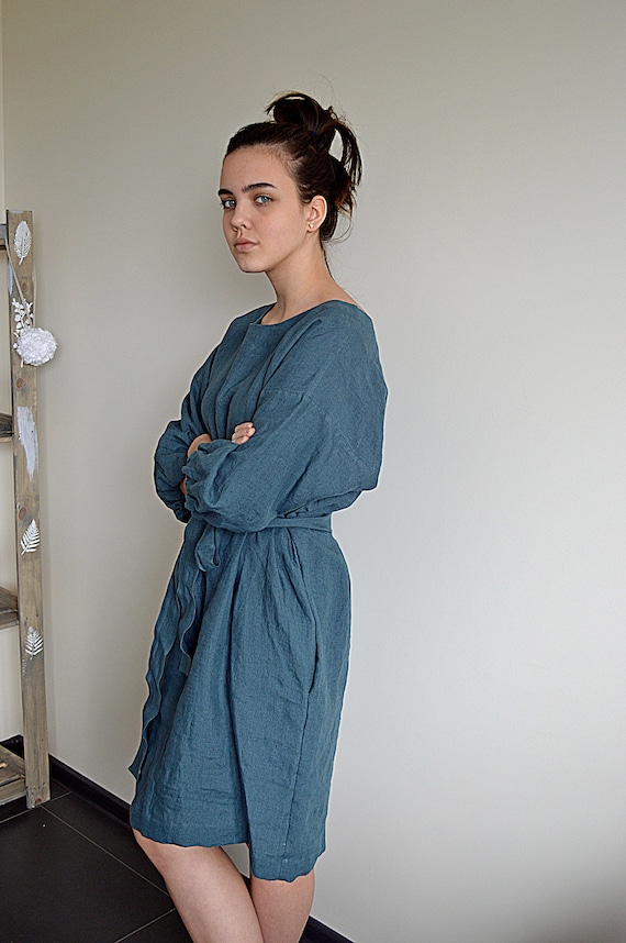 Linen dress - Ocean wave linen dress - Dress with a belt -  Comfortable casual tunic / dress  - Loose dress with pockets