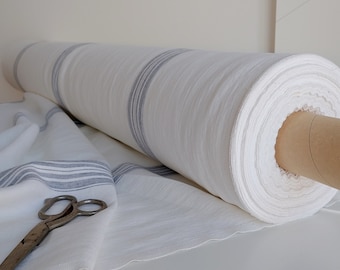 White Striped Linen Fabric, Thick Rustic Grayish-Blue Linen (340 GSM)