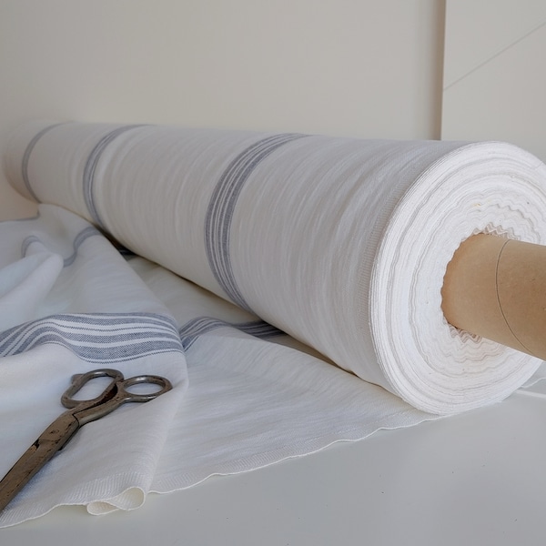 Tissu en lin rayé blanc, tissu en lin rustique épais, tissu en lin 340 g/m²