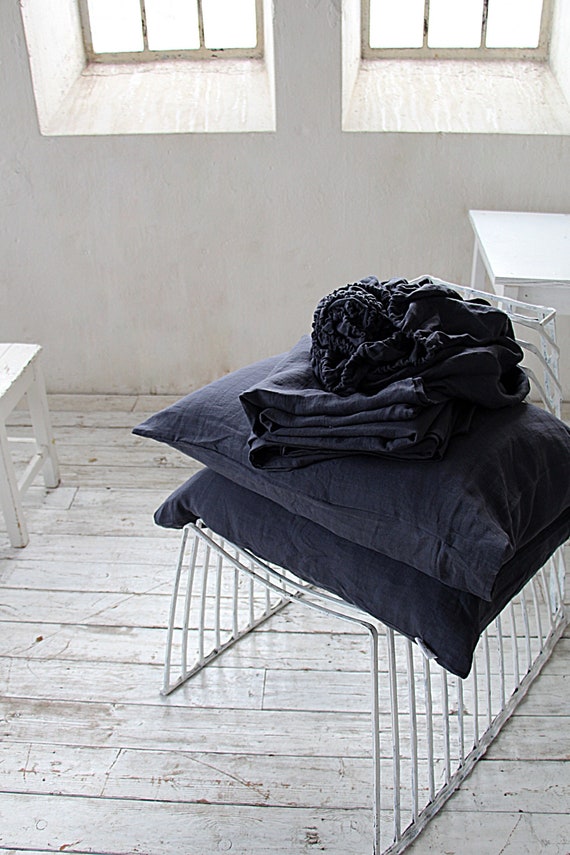 LINEN sheet set, midnight blue linen set of 4 pcs, 2 linen pillowcases & 2 sheets, linen bedding set