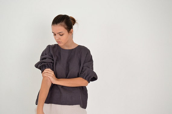 Linen top / Linen loose top  / Oversized blouse with 3/4 sleeves / Washed linen blouse  / Soft linen casual top