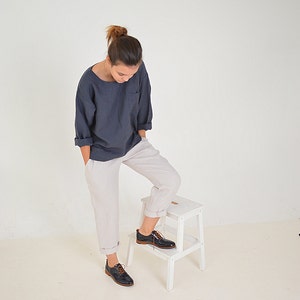 Linen loose top Oversize blouse Midnight blue linen top Washed linen blouse long sleeves top Soft linen casual top image 2