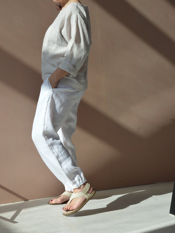 READY to ship - XXL size - Linen trousers - Linen loose pants - White linen trousers