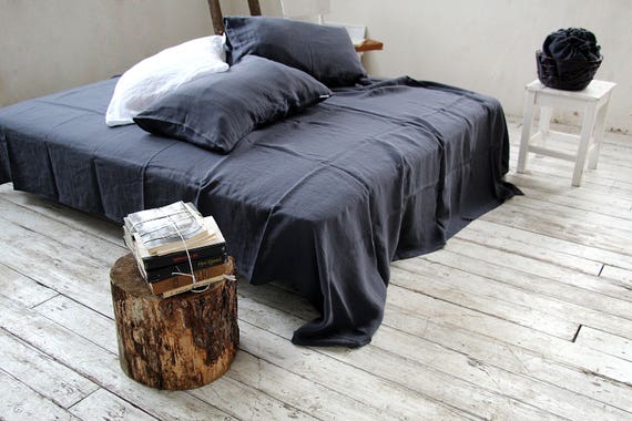 Linen flat sheet, Midnight blue top sheet, Queen King upper sheets, Softened linen bedding